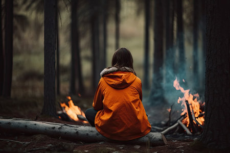 Young woman in orange jacket sitting on the ground near the campfire, Rear view of woman sitting near a campfire in the forest, AI Generatedの素材