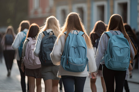 Back view of a group of female students with backpacks walking in the city, School students full rear view with school backpack, AI Generatedの素材