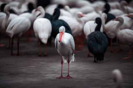 White stork in a flock of black and white storks. Standing out from the crowd, a white bird standing out from others, AI Generatedの素材