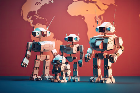 3d rendering group of robot with world map in the background. Robots conquering the world, AI Generatedの素材