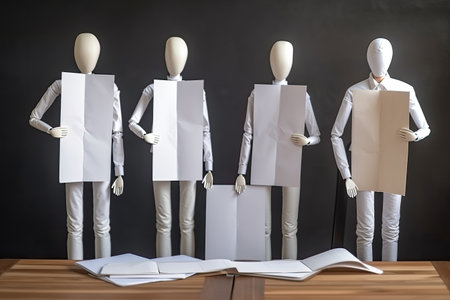 Wooden mannequins with blank sheet of paper on table, Team meeting and presentation concept without any face, AI Generatedの素材