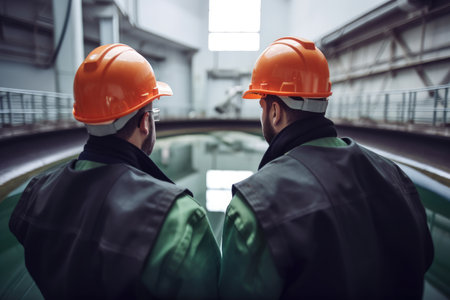 Two engineers in hardhats discussing something while standing in a factory, Two industrial engineers are in the rearview wearing uniform, AI Generatedの素材