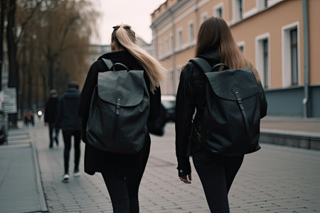 Back view of two young women with backpacks walking on the street, University students with laptop bags on their back, AI Generatedの素材