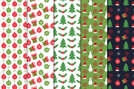 Abstract Christmas pattern bundle with green, white and dark backgrounds. Christmas abstract pattern collection with gifts and leaves. Seamless pattern set design with Christmas elements vector.のイラスト素材