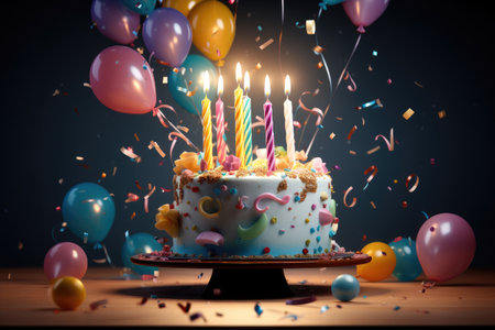 Birthday cake with burning candles, balloons and confetti on wooden table, 3d render of birthday cake with candles, balloons and confetti, AI Generatedの素材