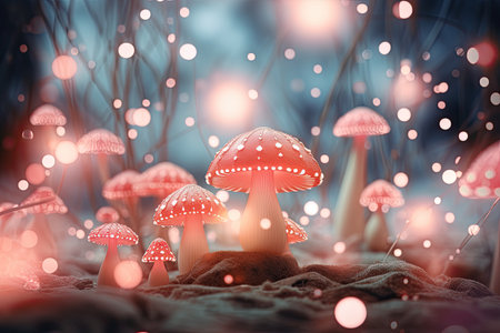 3d render of fly agaric mushroom in a forest with bokeh lights, 3d illustration of abstract background with bokeh lights and mushrooms, AI Generatedの素材