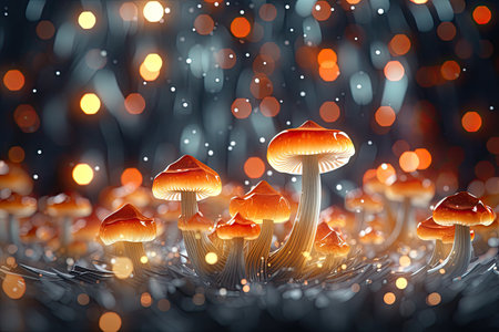 Mushrooms in the forest. 3d illustration. Bokeh background, 3d illustration of abstract background with bokeh lights and mushrooms, AI Generatedの素材
