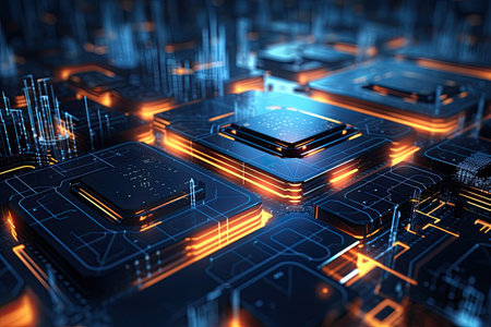 Circuit board background. 3d rendering, 3d illustration. 3d rendering of abstract technology background. High tech network concept, AI Generatedの素材