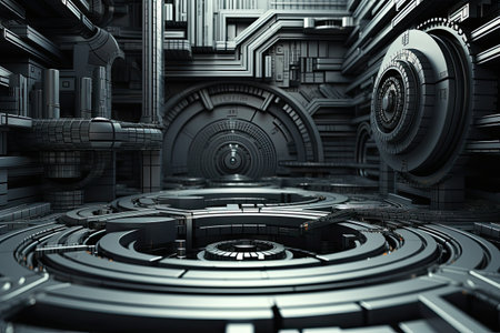 3D rendering of a futuristic background with a lot of technology elements, 3D Abstract Industrial Background, AI Generatedの素材