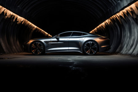 3D rendering of a brand-less generic concept car in a tunnel, A mesmerizing image of a car in a subterranean tunnel, AI Generatedの素材