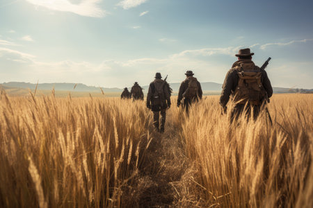 Members of Red Star history club wear historical German uniforms during historical reenactment of WWII in Chernigow, Ukraine, A ranger team walking through a wheat field, AI Generatedの素材