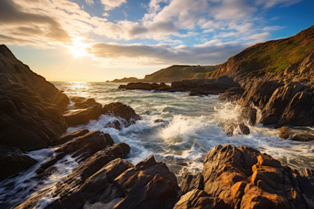 Sunset over the Atlantic Ocean in Cornwall, England, United Kingdom, A Rocky Beach landscape view with rough sea waves and beautiful sky, AI Generatedの素材