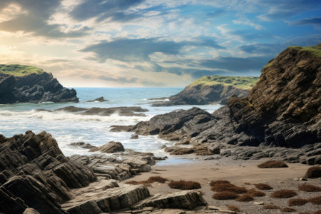 Beautiful seascape with rocks and sea in Cornwall, UK, A Rocky Beach landscape view with rough sea waves and beautiful sky, AI Generatedの素材