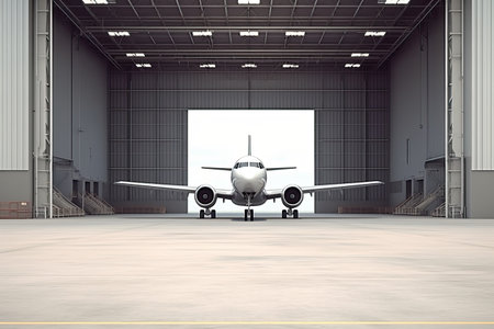 3d rendering of an airplane in an empty hangar with a door open, 3d rendering of large hangar building and concrete floor and open shutter door in perspective view for background, AI Generatedの素材