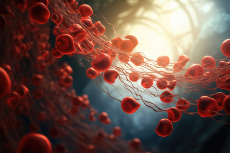 3D illustration of red blood cells flowing through the center of the cell, A 3D rendering of a blood vessel with blood cells flowing in one direction, AI Generatedの素材