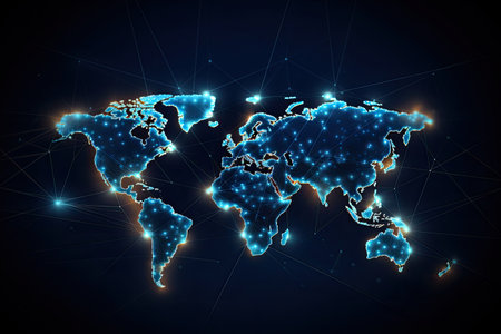 Abstract world map with glowing lines and dots on dark background. Abstract world network connection on a glowing world map, Black background, AI Generatedの素材