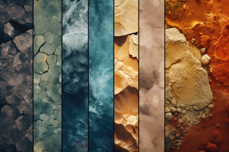 Collage of different colors of mineral deposits. Colorful background. A collage of different natural Earth textures mixed in beautiful abstract background, AI Generatedの素材