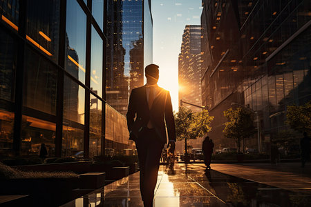 Businessman walking in modern city with skyscrapers and sunlight. Mixed media, A contemporary image of a business person silhouette, AI Generatedの素材