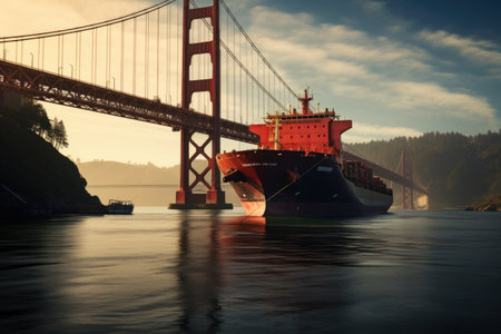 Cargo ship and the Golden Gate Bridge, San Francisco, California, USA, a cargo ship passing under a bridge, AI Generatedの素材