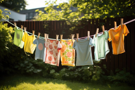 Laundry drying on a clothesline in the garden in summer, children's colorful clothing drying, AI Generatedの素材