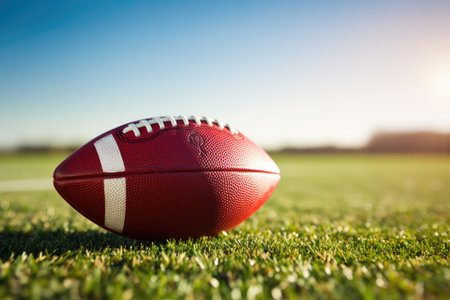 American football ball on green field with blue sky in the background. American Football shot with shallow depth of field with room for copy, AI Generatedの素材