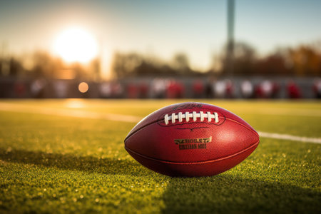 american football ball on the green field with blurred background, soft focus, American Football shot with shallow depth of field with room for copy, AI Generatedの素材