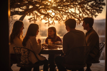 Group of friends sitting in a restaurant at sunset, drinking coffee and talking, A cozy warm image of a cozy family gathered around in Christmas, AI Generatedの素材