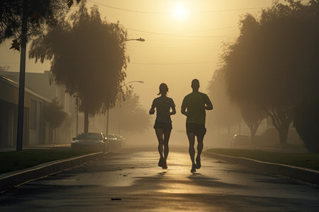 Young couple jogging in the city at sunrise. Healthy lifestyle. A couple of adults on a morning run, AI Generatedの素材