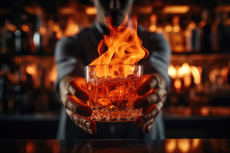 Bartender holding a glass of whiskey with ice in his hands, A glass of fiery cocktail on the bar counter against the background of bartenders hands with fire, AI Generatedの素材