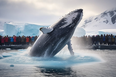 Humpback whale in the Antarctic Ocean, Antarctica. Whale in the ocean. A Humpback Whale takes a dive while tourists film the event, Antarctica, AI Generatedの素材