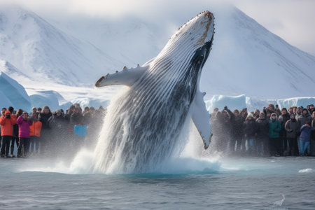 Humpback whale jumps out of the water in Antarctic waters. A Humpback Whale takes a dive while tourists film the event, Antarctica, AI Generatedの素材