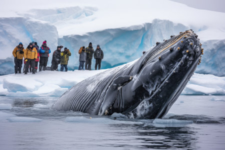 Humpback whale in Antarctic waters, Antarctica. Humpback whale in Antarctica. A Humpback Whale takes a dive while tourists film the event, Antarctica, AI Generatedの素材