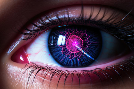 Close-up of human eye with glowing iris, 3D rendering, A laser vision correction image closeup, AI Generatedの素材