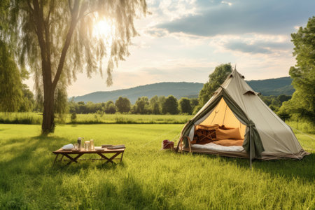 Camping tent in the meadow at sunset. Camping concept, a luxury camping tent on a meadow for outdoor holidays, AI Generatedの素材