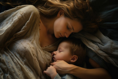 Beautiful young mother and her cute little son sleeping together in bed, A mother with her baby son laying in the bed, AI Generatedの素材