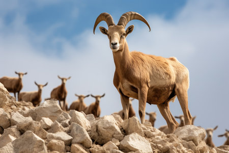 Barbary sheep Ovis aries in Andalusia, Spain, Barbary sheep Capra ibex on the slope of a mountain, AI Generatedの素材