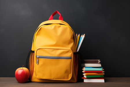 School backpack with books and apple on wooden table against blackboard background, Backpack with school supplies on gray background, AI Generatedの素材