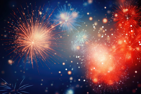 Colorful firework with bokeh on dark blue sky background, Beautiful firework display for celebration with blur bokeh light, AI Generatedの素材