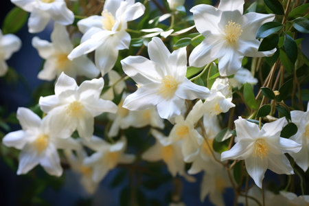 White flowers of jasmine on a dark background, closeup, beautiful jasmine white flowers, AI Generatedの素材