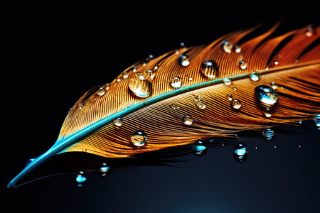 Beautiful color feather with water drops on it isolated on black background, Beautiful feather with water drops on black background, closeup, AI Generatedの素材