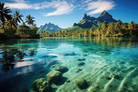 Beautiful seascape with palm trees and mountains in the background, A peaceful and tranquil lagoon in Bora Bora, French Polynesia, AI Generatedの素材