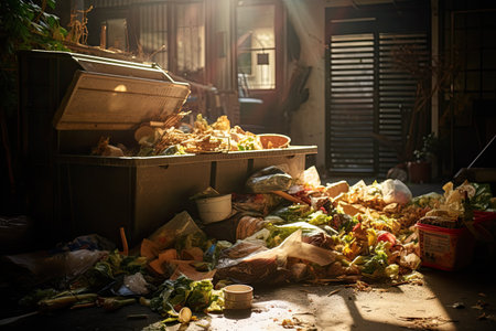 Fruits and Vegetables on the street at night in Thailand. capturing the scene of a food-wasting dumpster, where trash and debris clings to the walls and floors, AI Generatedの素材