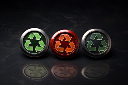 3d illustration of three metal recycling buttons over black background with reflection, A recycling sign with a green button that, zero waste, reuse concept, AI Generatedの素材