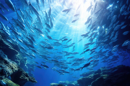 Underwater view of a school of fish in the Red Sea. A school of sardines in a blue tropical coral reef, AI Generatedの素材