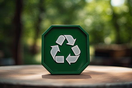 Recycling symbol on green sign on wooden table in park. A recycling sign with a green button that, zero waste, reuse concept, AI Generatedの素材