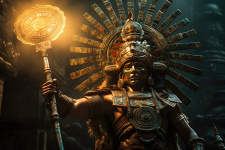Hindu god statue in the ancient temple of Bali, Indonesia, Mayan deity Mayan, depicted with a powerful ceremonial axe in one hand and a divine symbol in the other, AI Generatedの素材
