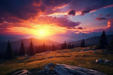 Majestic sunset in the mountains landscape. Dramatic sky. beautiful sunset in the mountains. Sunset at the top of hike. sunset in the valley, AI Generatedの素材