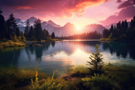 Sunset at the lake in Banff National Park, Alberta, Canada, Beautiful lake landscape view with green trees, mountains, and sunset, AI Generatedの素材