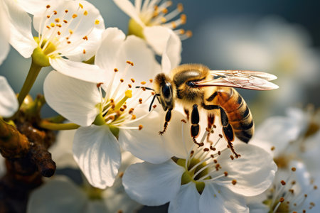 Bee pollinates white flowers of cherry tree. Pollination of fruit trees. Bee collecting honey from a small flower, close-up view, detailed body, AI Generatedの素材