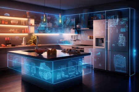 3d rendering of a modern kitchen with a black and blue theme, A smart kitchen interior with glowing network connections, digital technology hologram, AI Generatedの素材